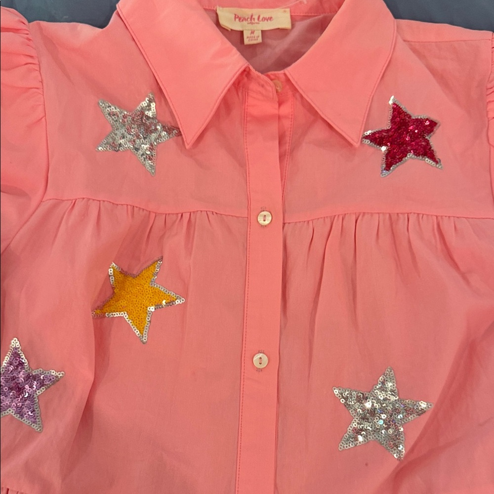 Girls' Pink Star-Sequin Tiered Shirt Dress - Picture 3 of 4